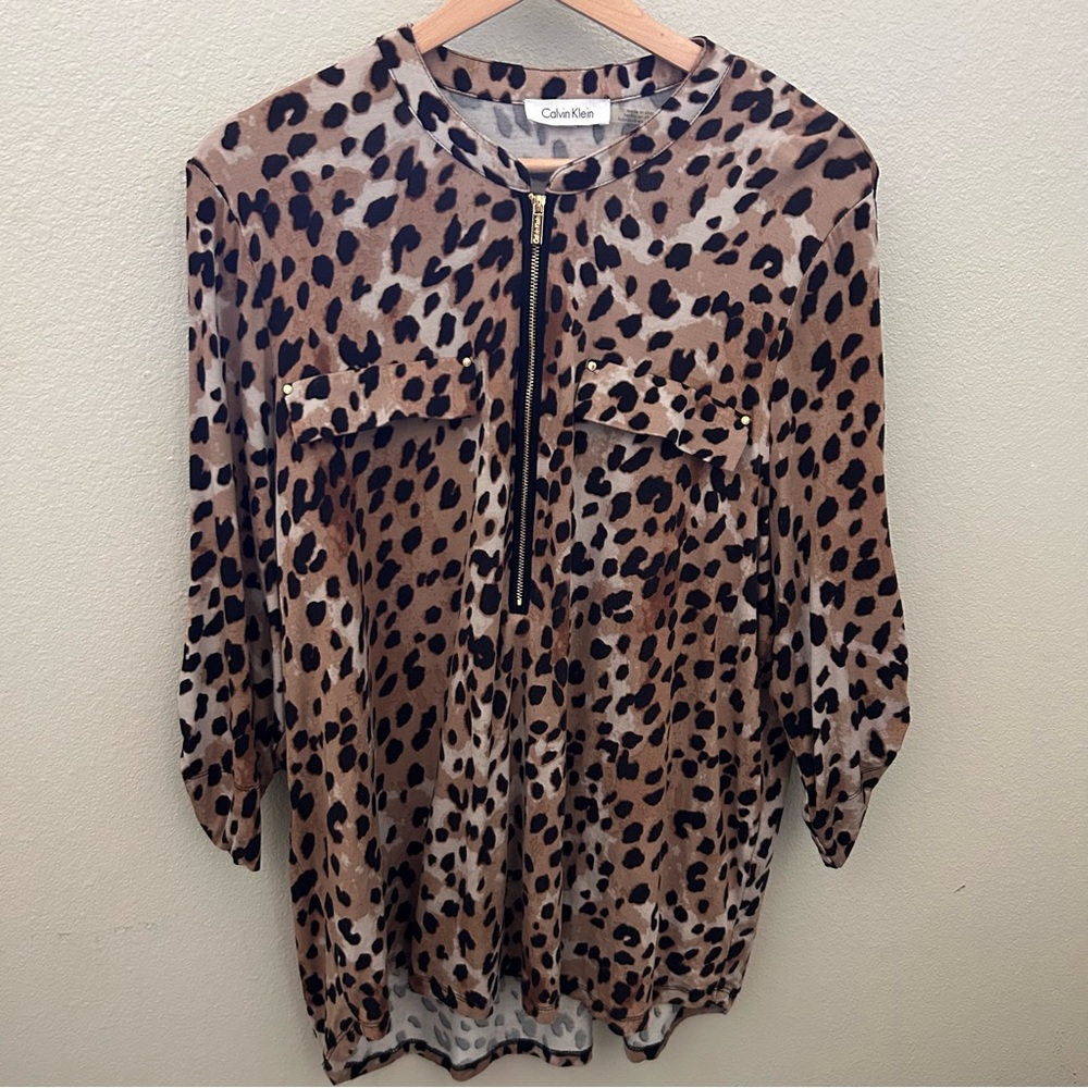 Calvin Klein Leopard Print Blouse Women XL Brown Half Zip Roll Tab Sleeve